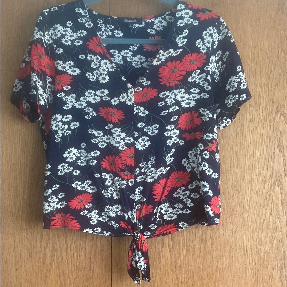 Madewell Navy and Red Floral Tie-Front Blouse